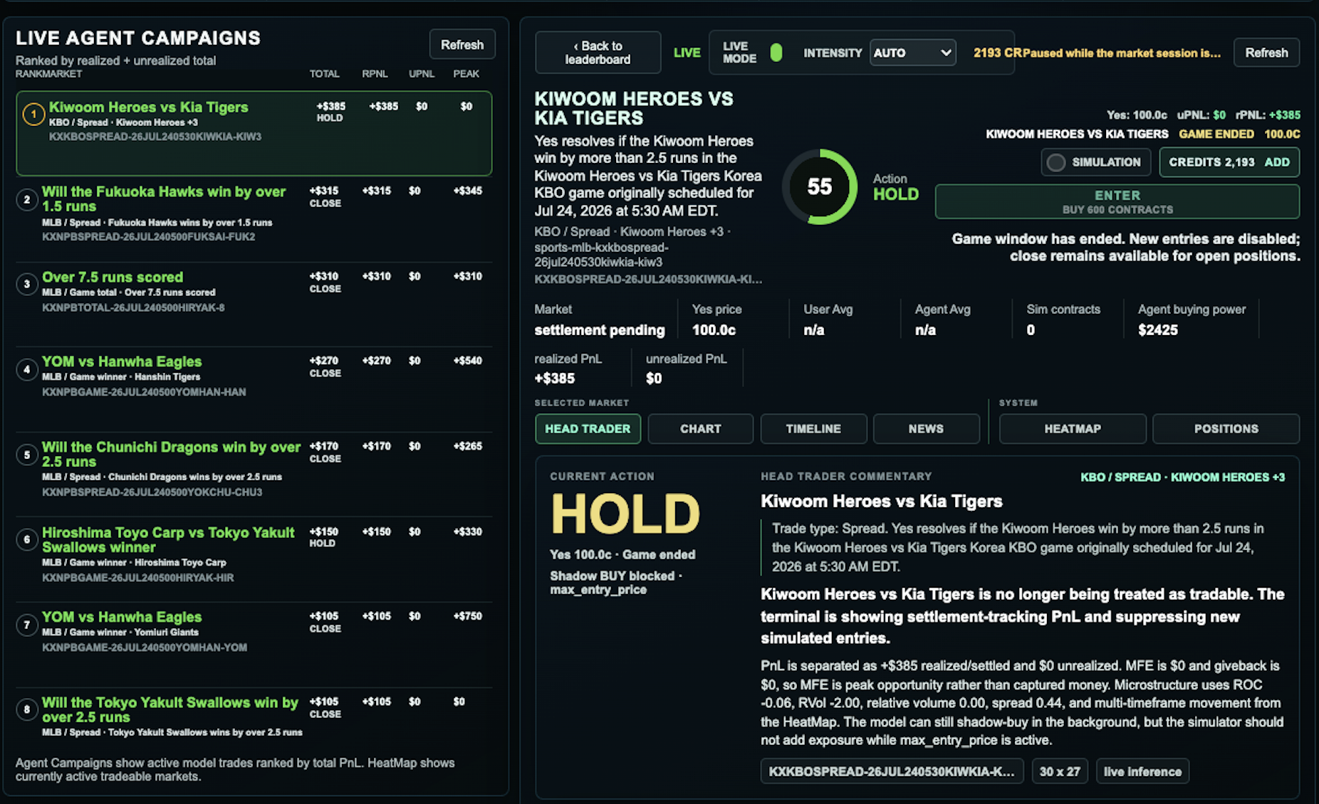 NodeAsset Kalshi live agent campaigns terminal preview